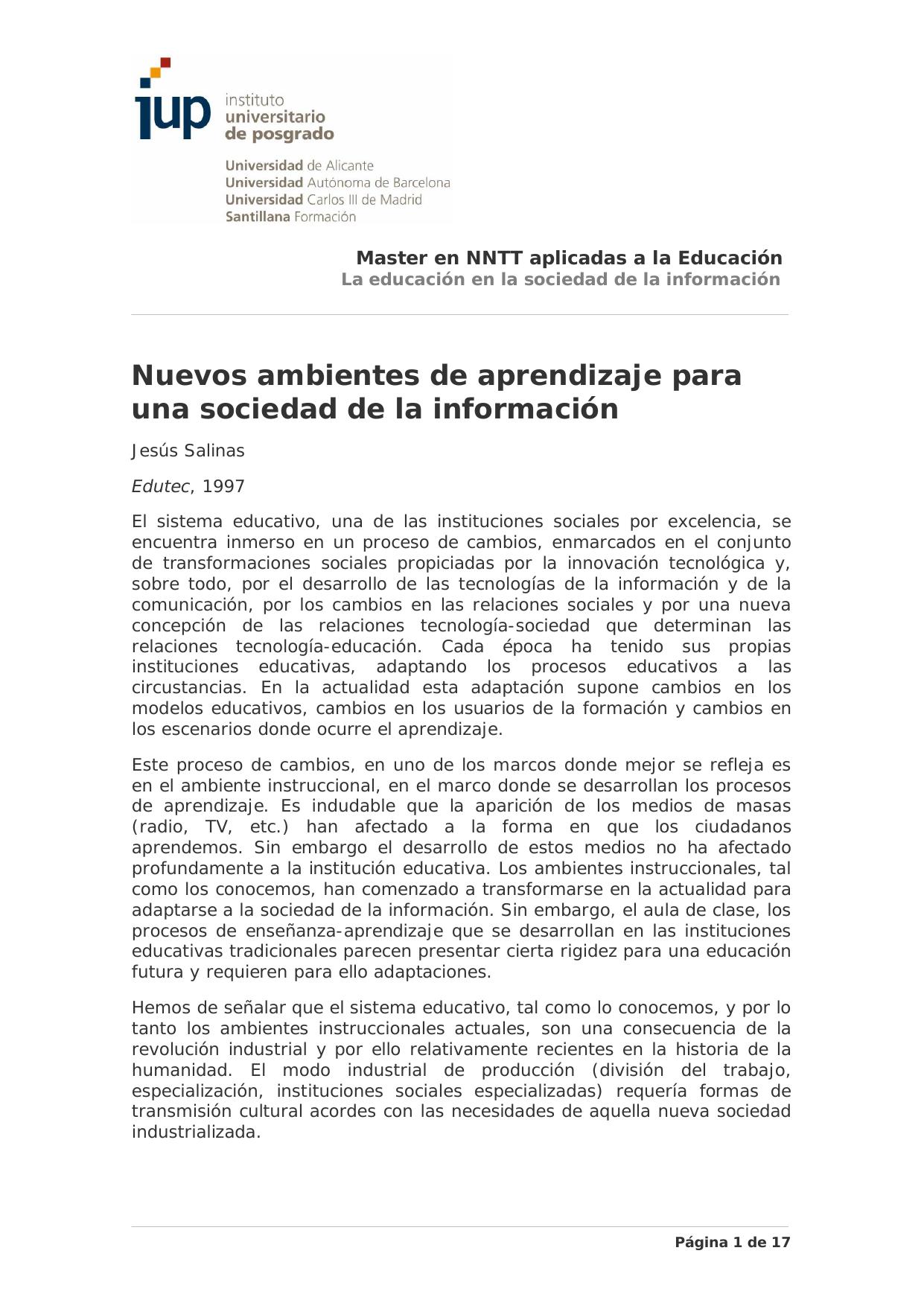 Nuevos ambietes de aprendizaje para una sociedad de la informacion